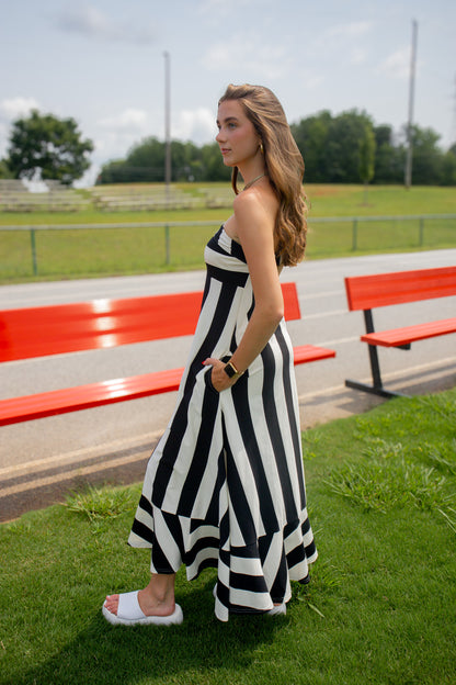 Main Event Black & Ivory Striped Strapless Maxi Dress
