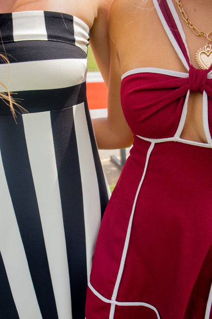 Main Event Black & Ivory Striped Strapless Maxi Dress