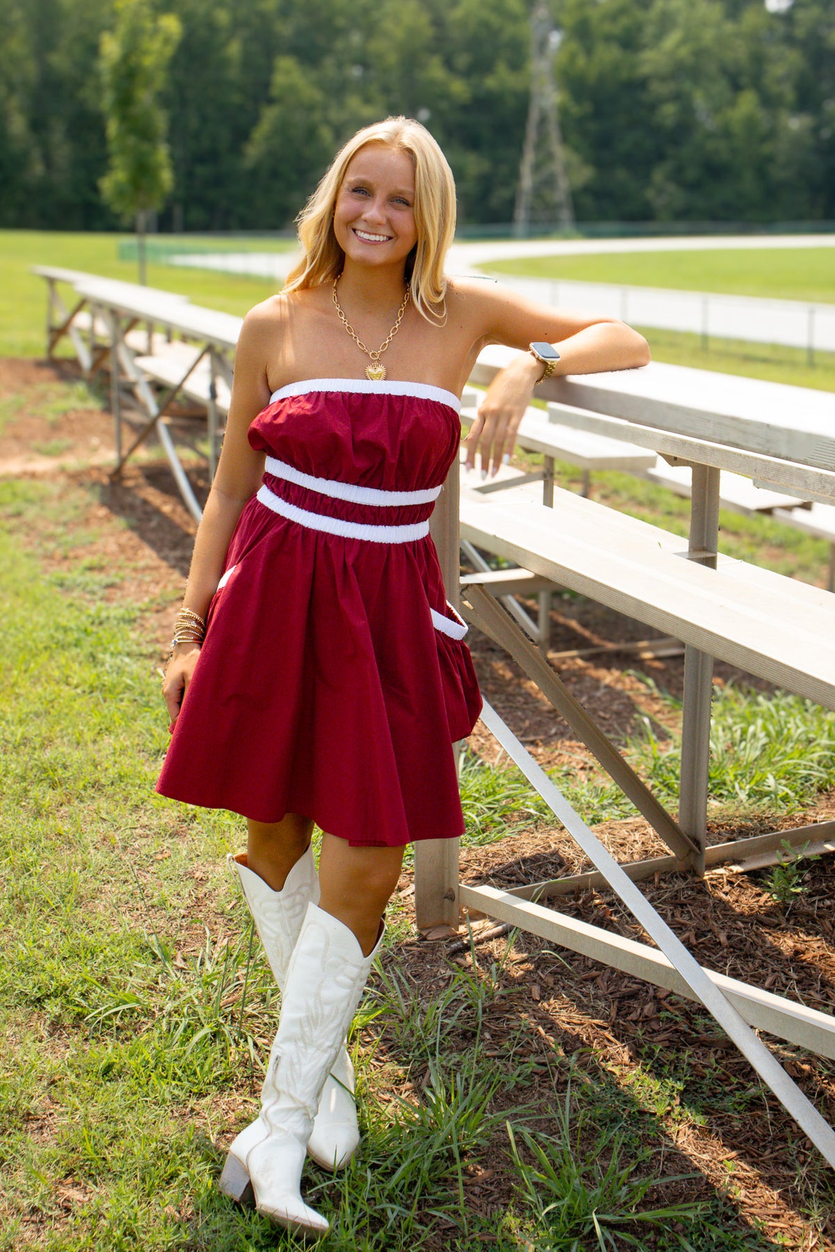 First Down Strapless Game Day Dress - GARNET