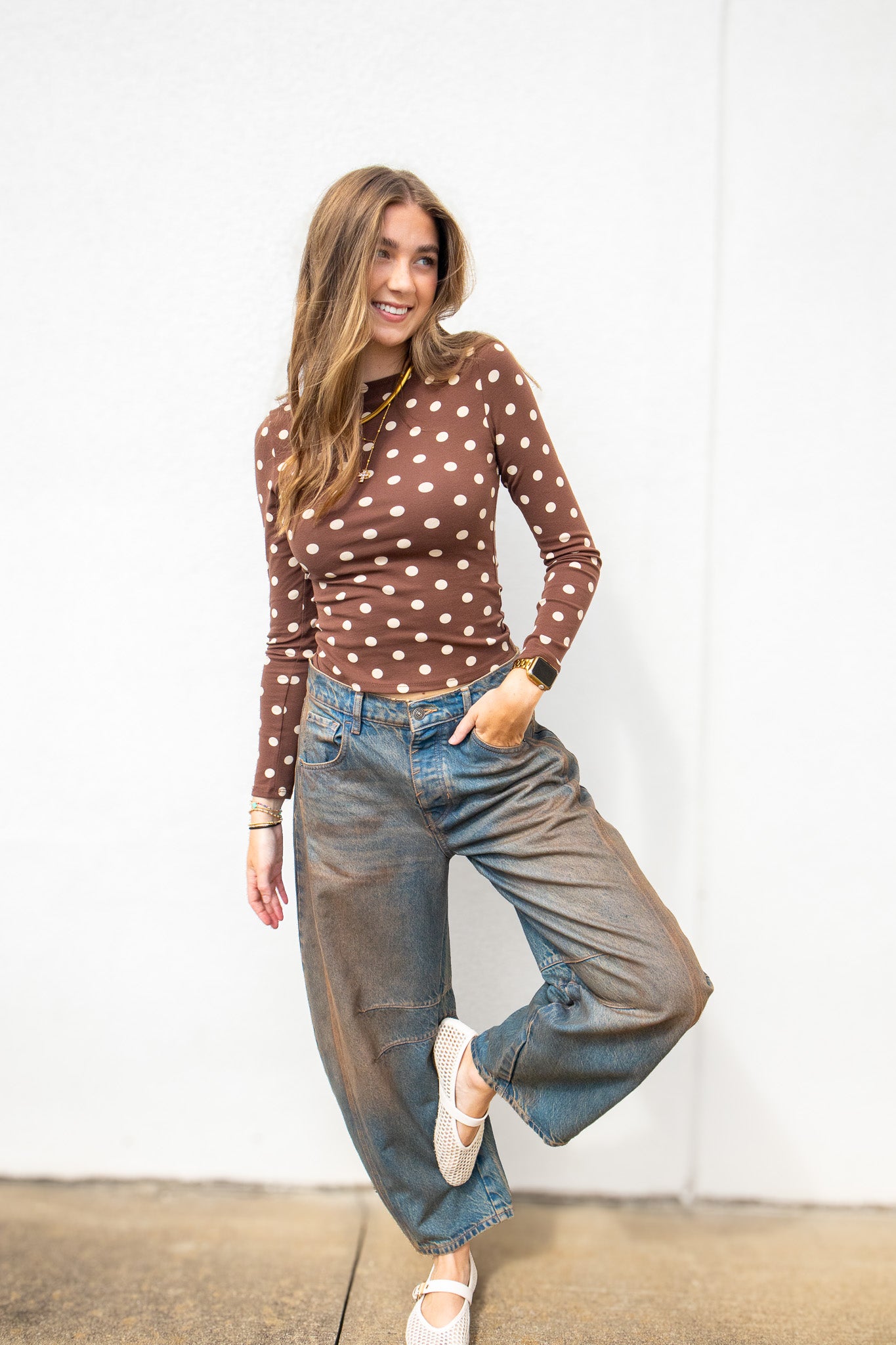Mocha Polka Dot Boat Neck Long Sleeve Top