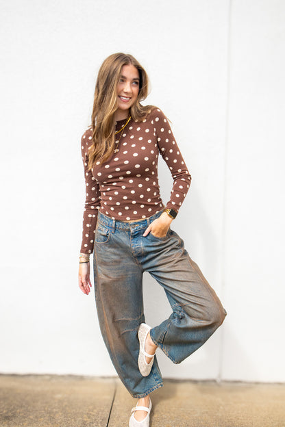 Mocha Polka Dot Boat Neck Long Sleeve Top