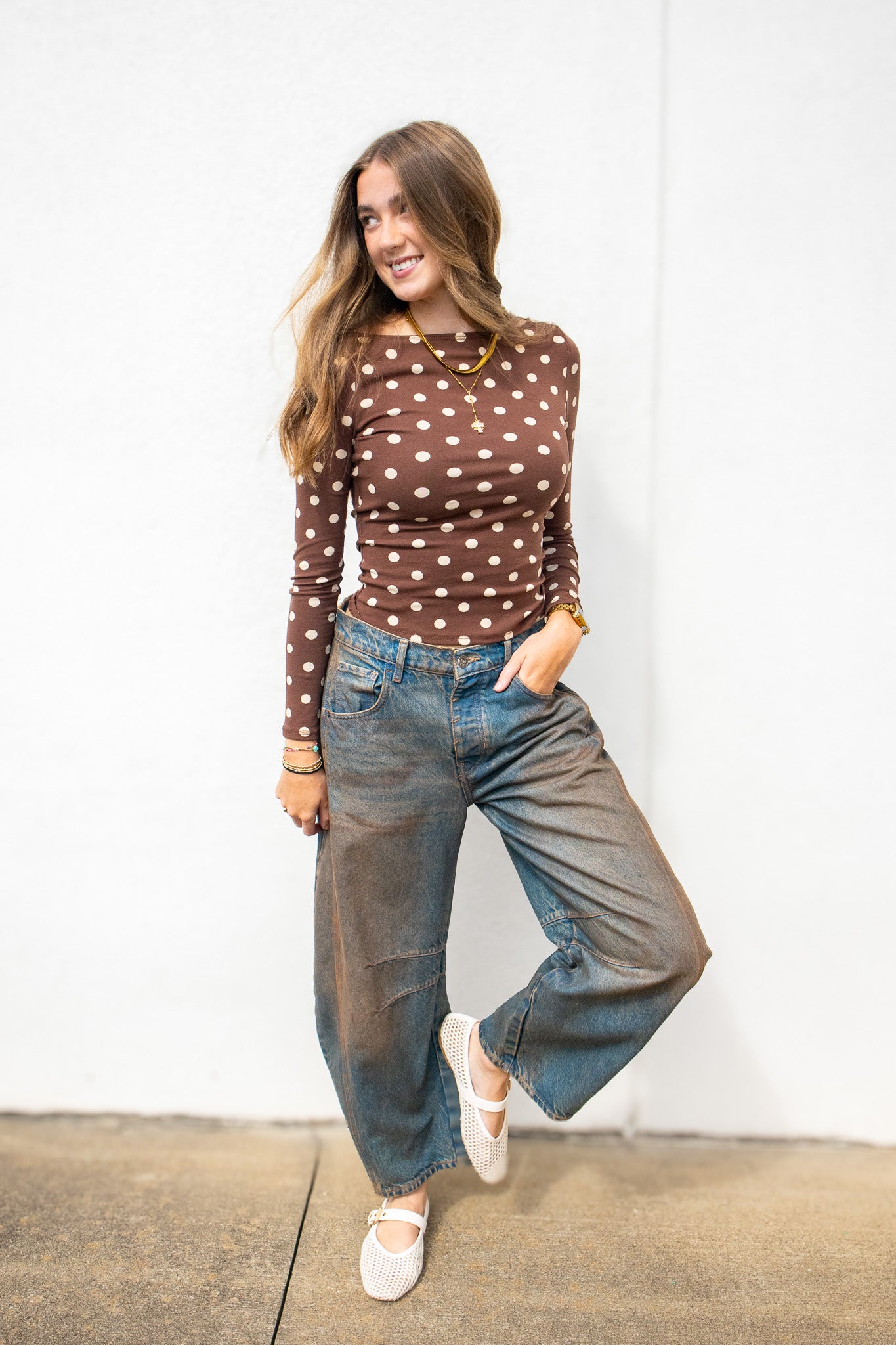 Mocha Polka Dot Boat Neck Long Sleeve Top