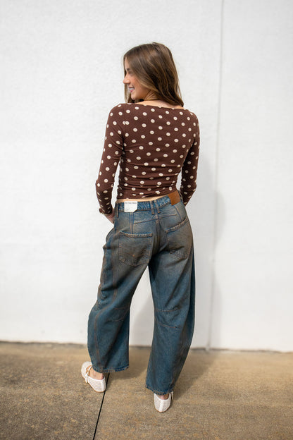 Mocha Polka Dot Boat Neck Long Sleeve Top