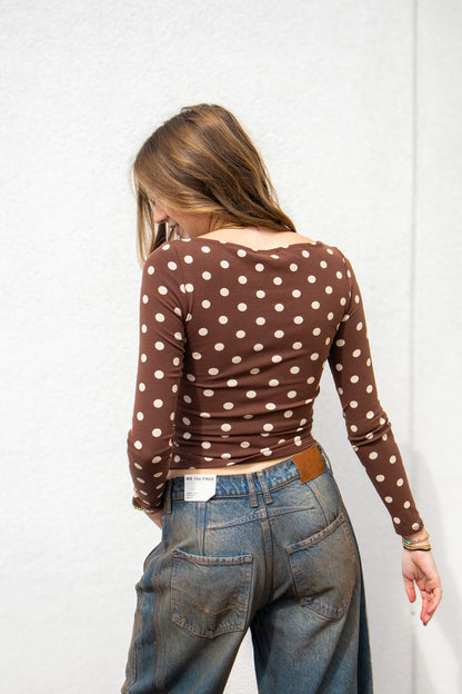 Mocha Polka Dot Boat Neck Long Sleeve Top