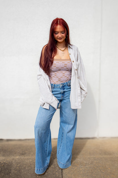 Sunday Striped Oversized Button Down Shirt - Brown/Blue
