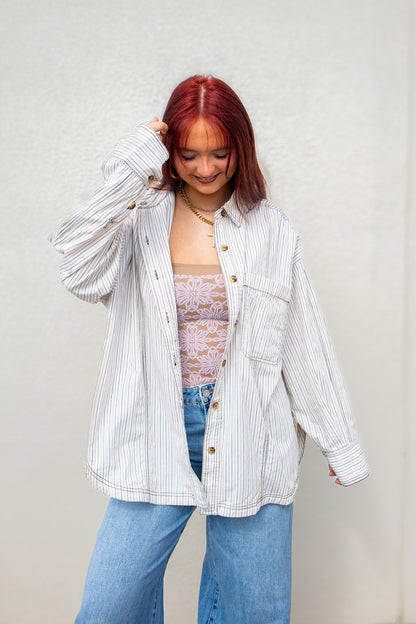 Sunday Striped Oversized Button Down Shirt - Brown/Blue