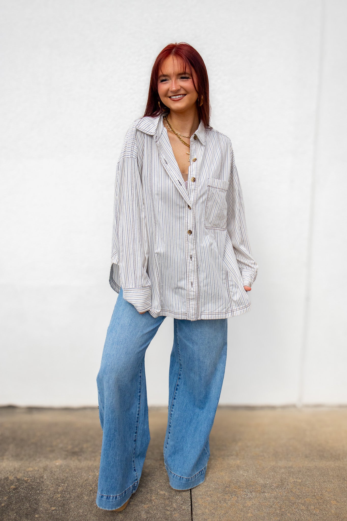 Sunday Striped Oversized Button Down Shirt - Brown/Blue