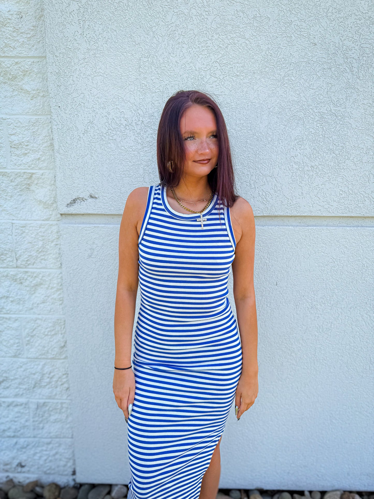 Coastal Escape Blue & White Striped High Neck Maxi Dress