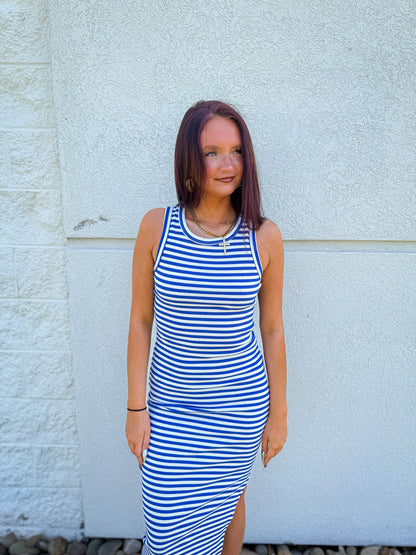 Coastal Escape Blue & White Striped High Neck Maxi Dress