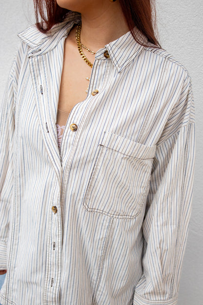Sunday Striped Oversized Button Down Shirt - Brown/Blue