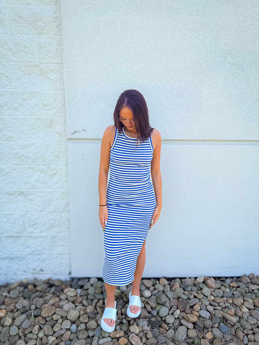 Coastal Escape Blue & White Striped High Neck Maxi Dress