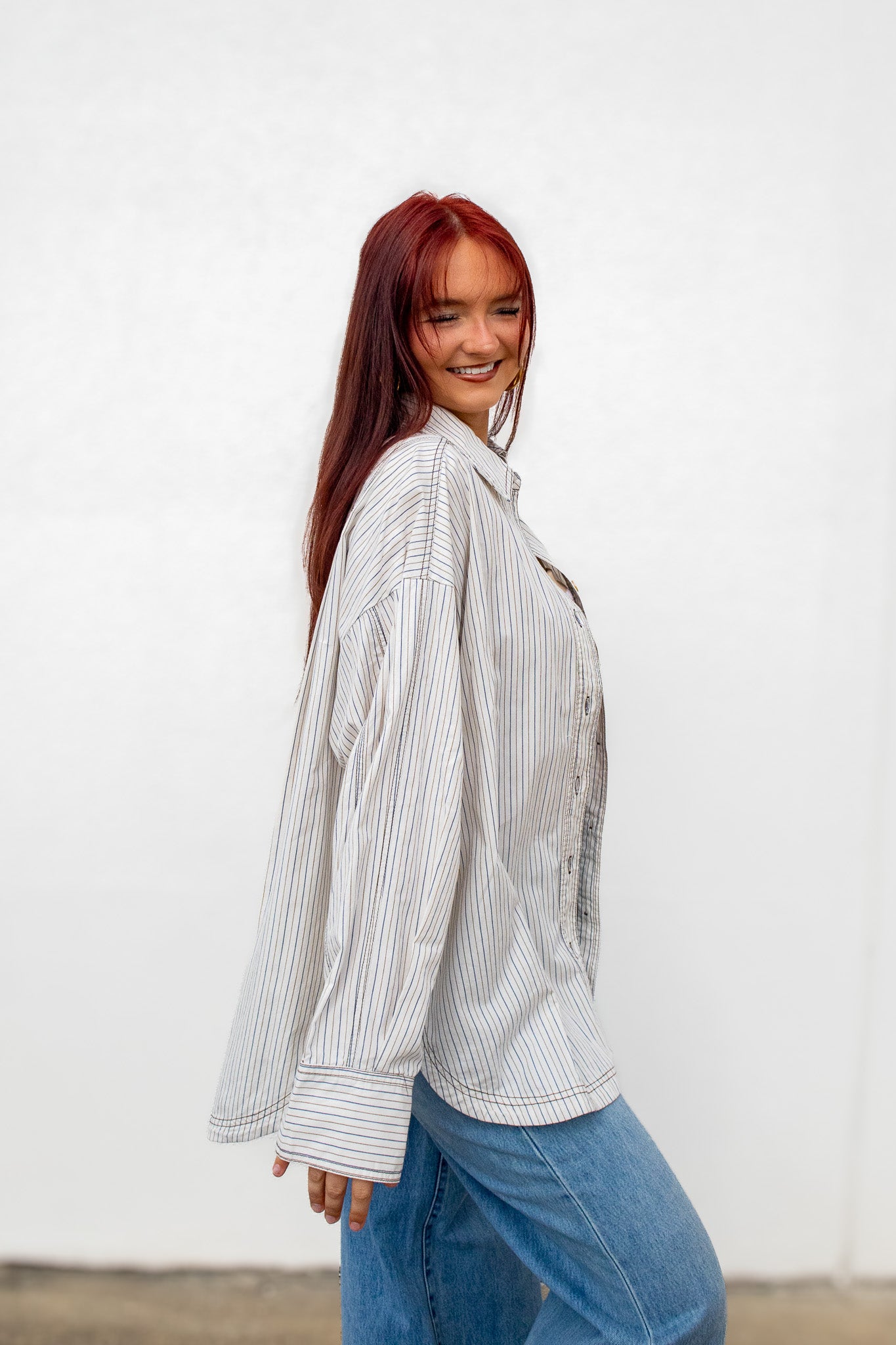 Sunday Striped Oversized Button Down Shirt - Brown/Blue