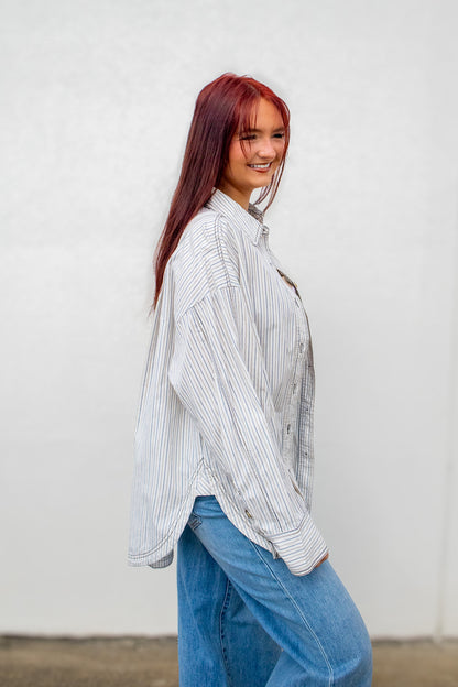 Sunday Striped Oversized Button Down Shirt - Brown/Blue
