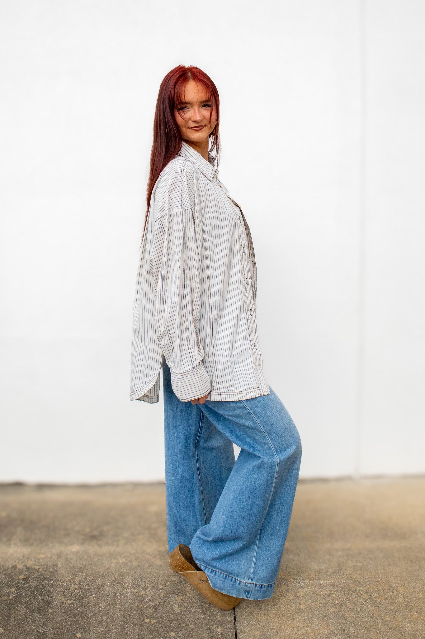 Sunday Striped Oversized Button Down Shirt - Brown/Blue