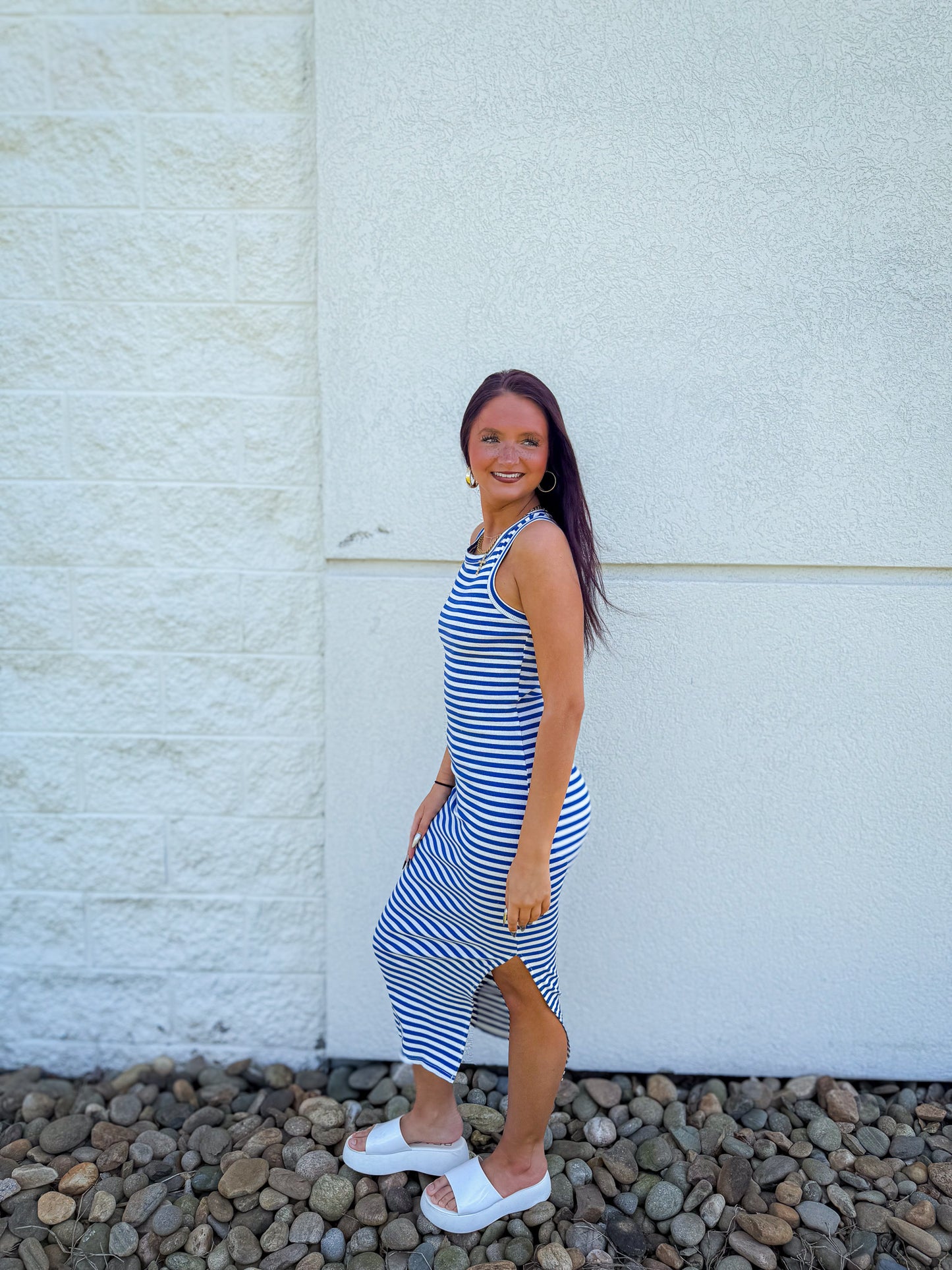 Coastal Escape Blue & White Striped High Neck Maxi Dress