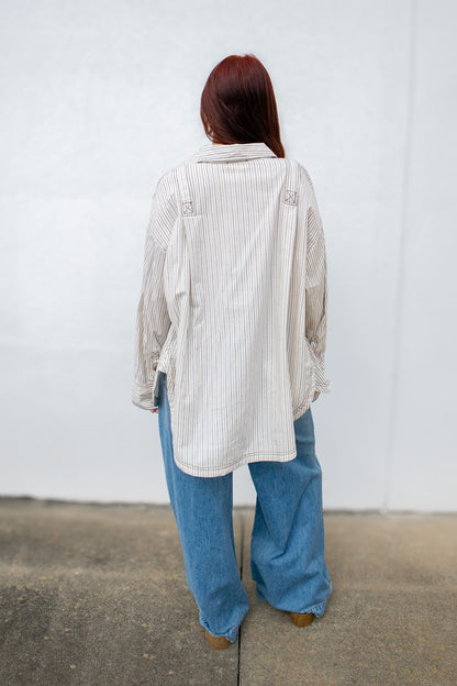 Sunday Striped Oversized Button Down Shirt - Brown/Blue