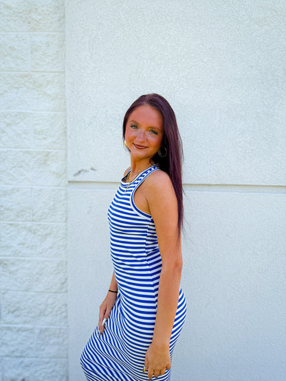 Coastal Escape Blue & White Striped High Neck Maxi Dress