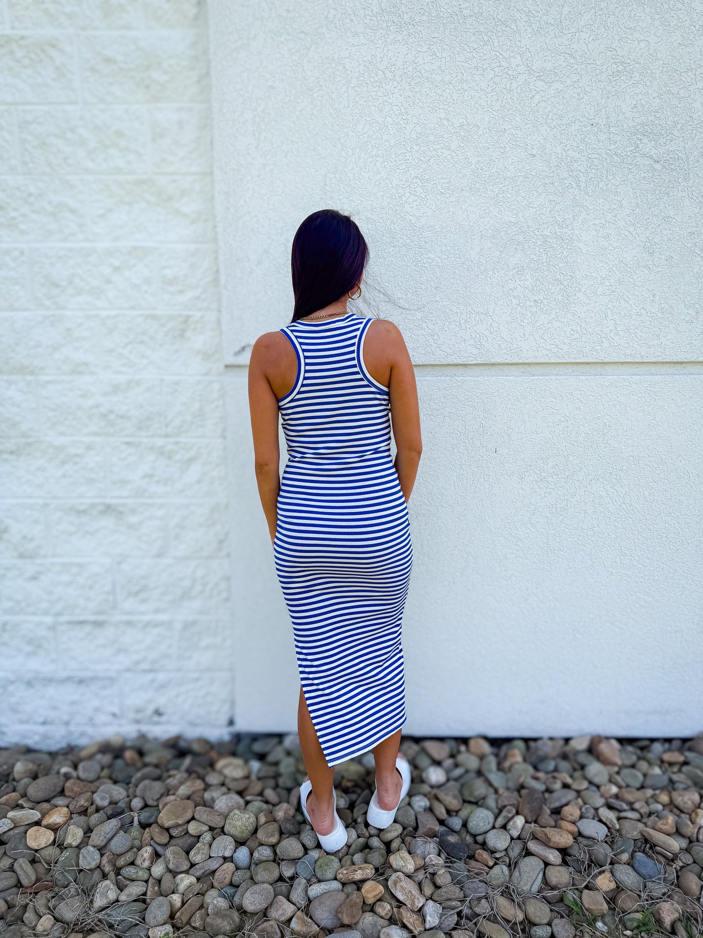 Coastal Escape Blue & White Striped High Neck Maxi Dress