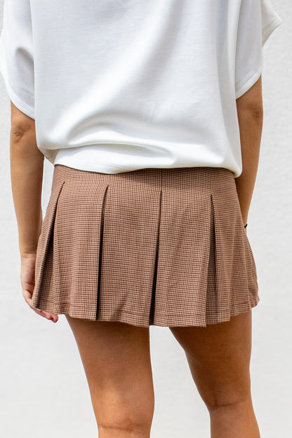 Spiced Cider Plaid Pleated Skort with Waist Tie