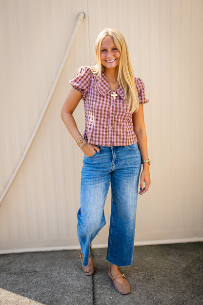 Sunday Stroll Pink & Brown Gingham Plaid Blouse