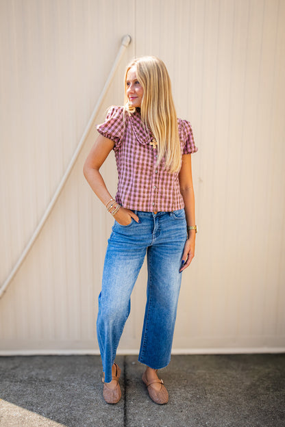 Sunday Stroll Pink & Brown Gingham Plaid Blouse