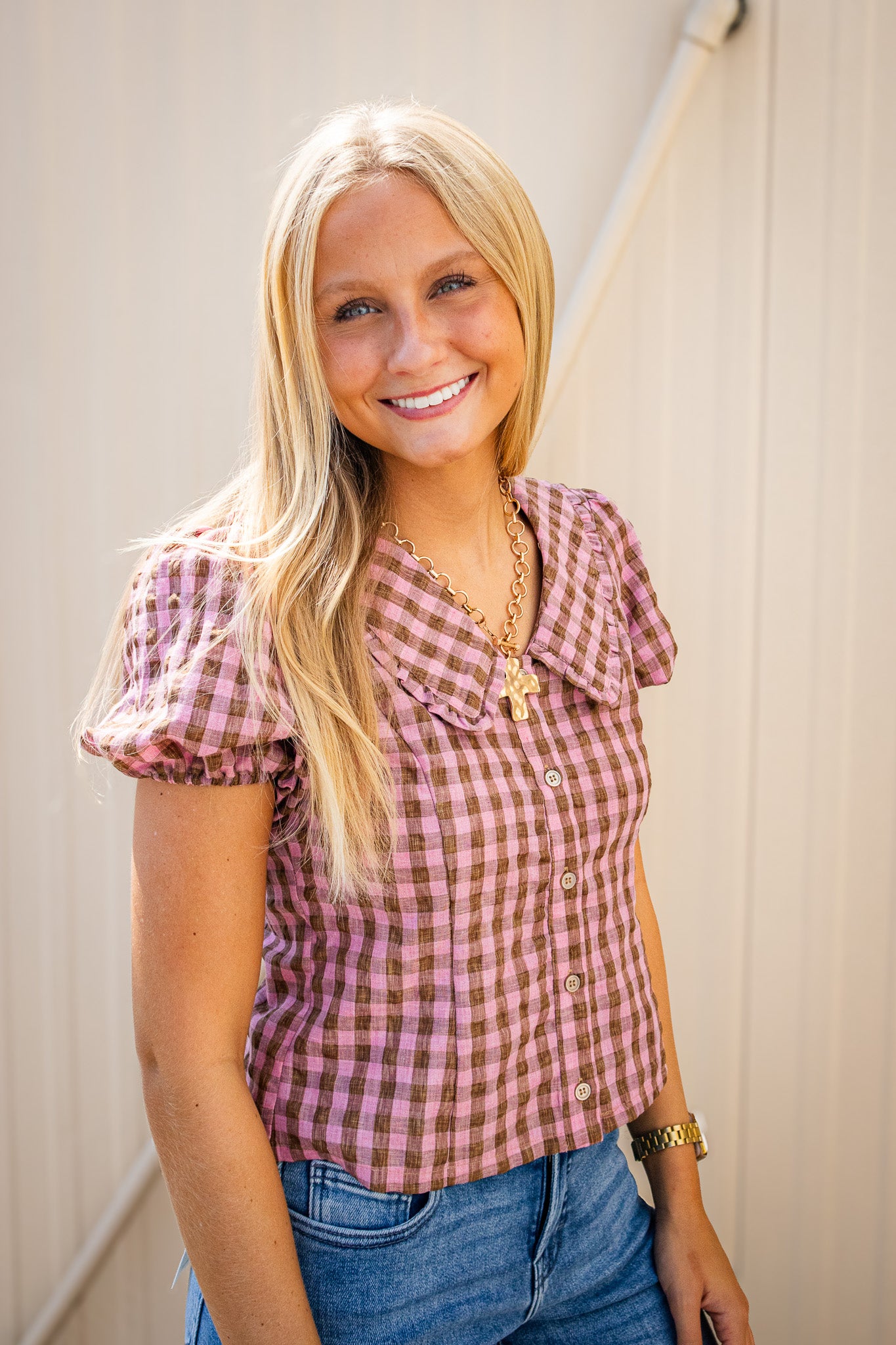 Sunday Stroll Pink & Brown Gingham Plaid Blouse