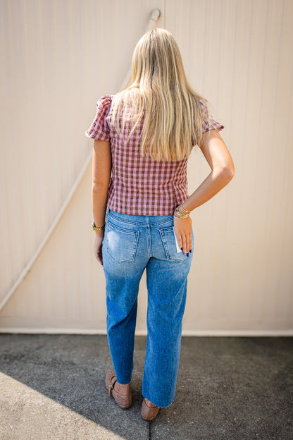 Sunday Stroll Pink & Brown Gingham Plaid Blouse