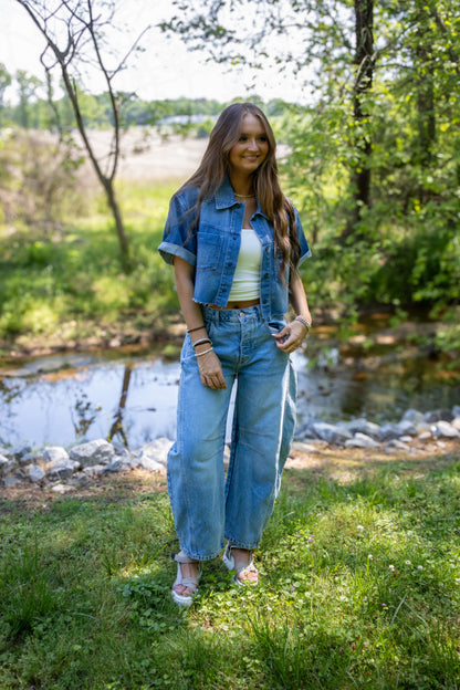 Hidden - Abbey Medium Wash Super Soft Boxy Cropped Shirt