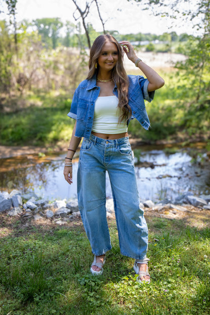 Hidden - Abbey Medium Wash Super Soft Boxy Cropped Shirt