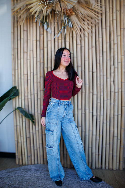 Blue and Red Stripe Long Sleeve Top