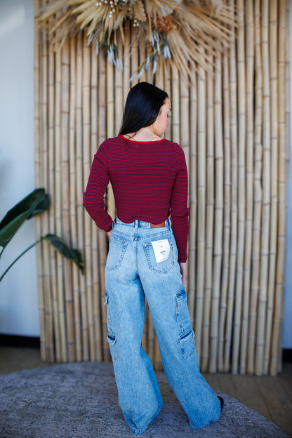 Blue and Red Stripe Long Sleeve Top