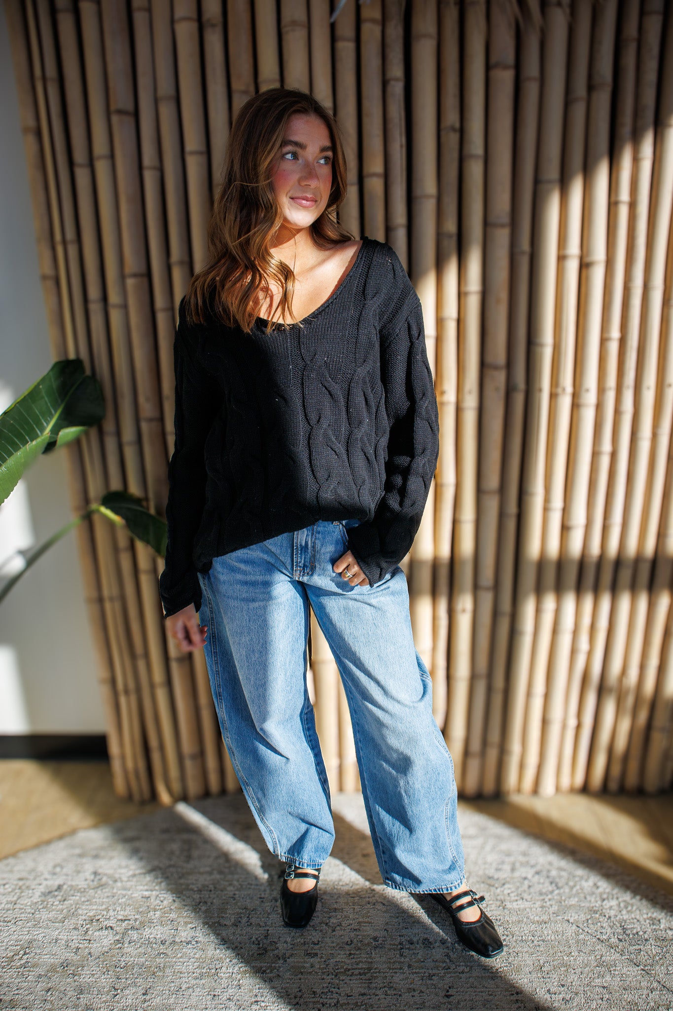 Tilly Oversized V Neck Cable Sweater - BLACK