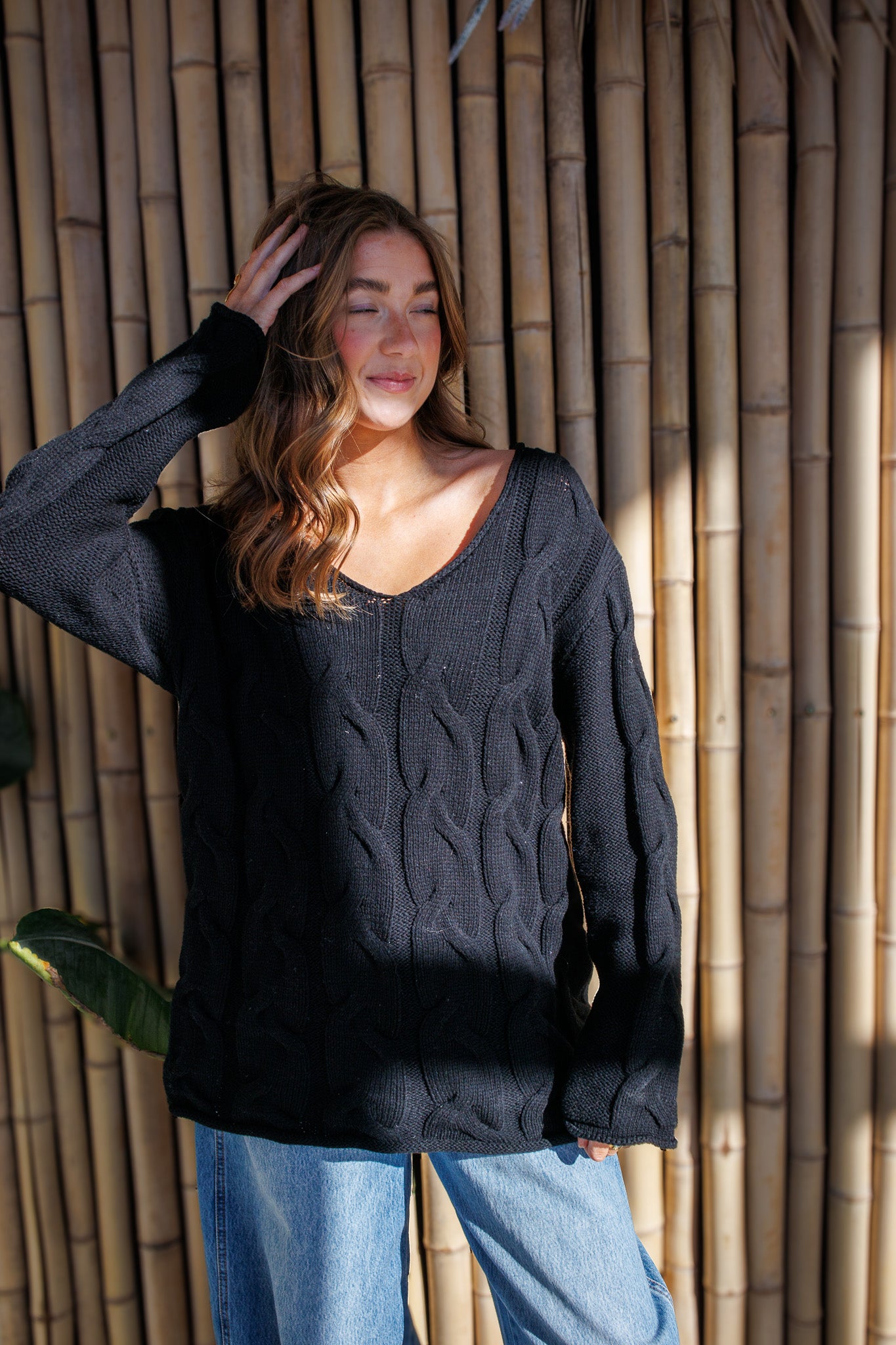 Tilly Oversized V Neck Cable Sweater - BLACK