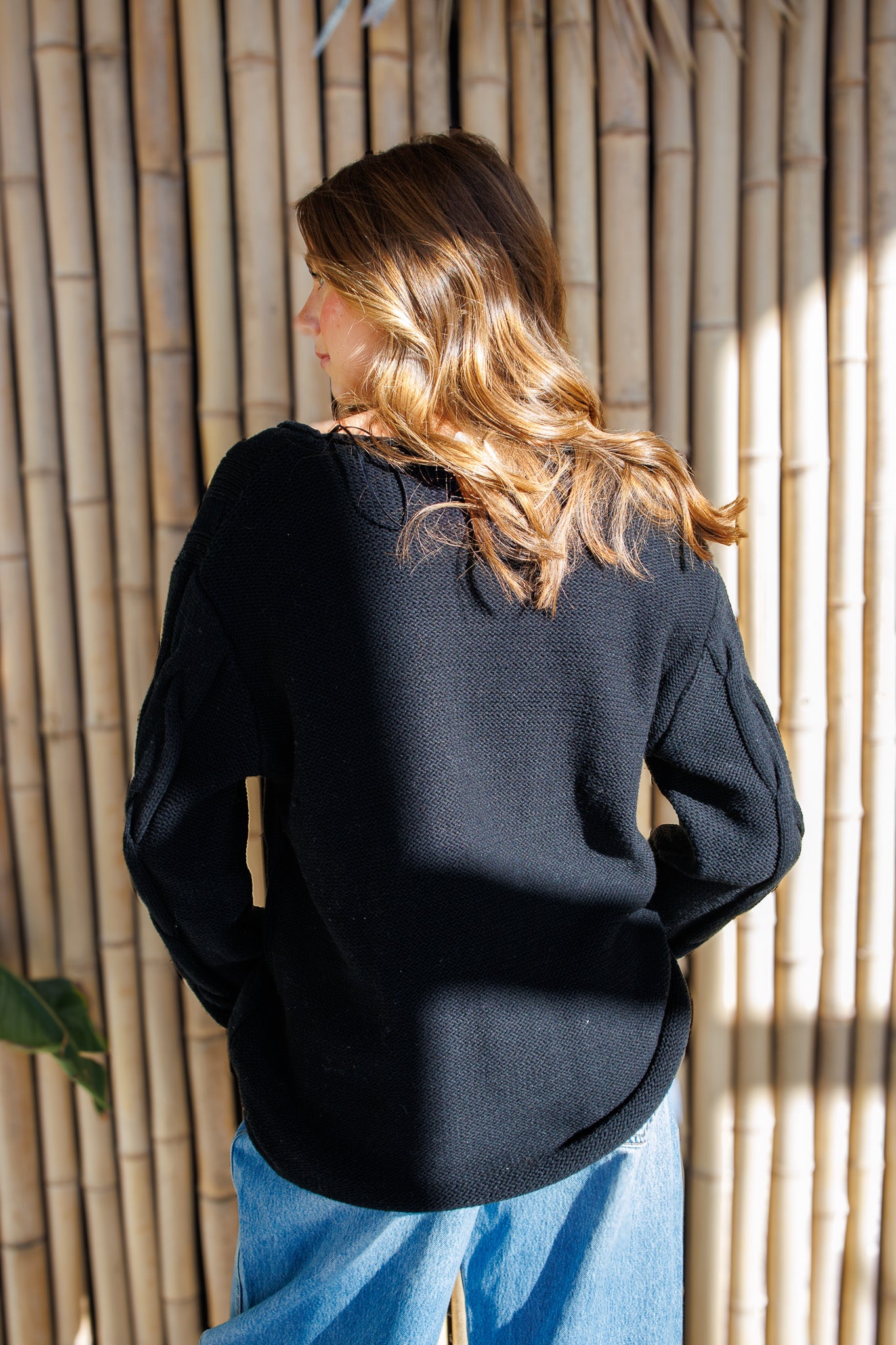 Tilly Oversized V Neck Cable Sweater - BLACK