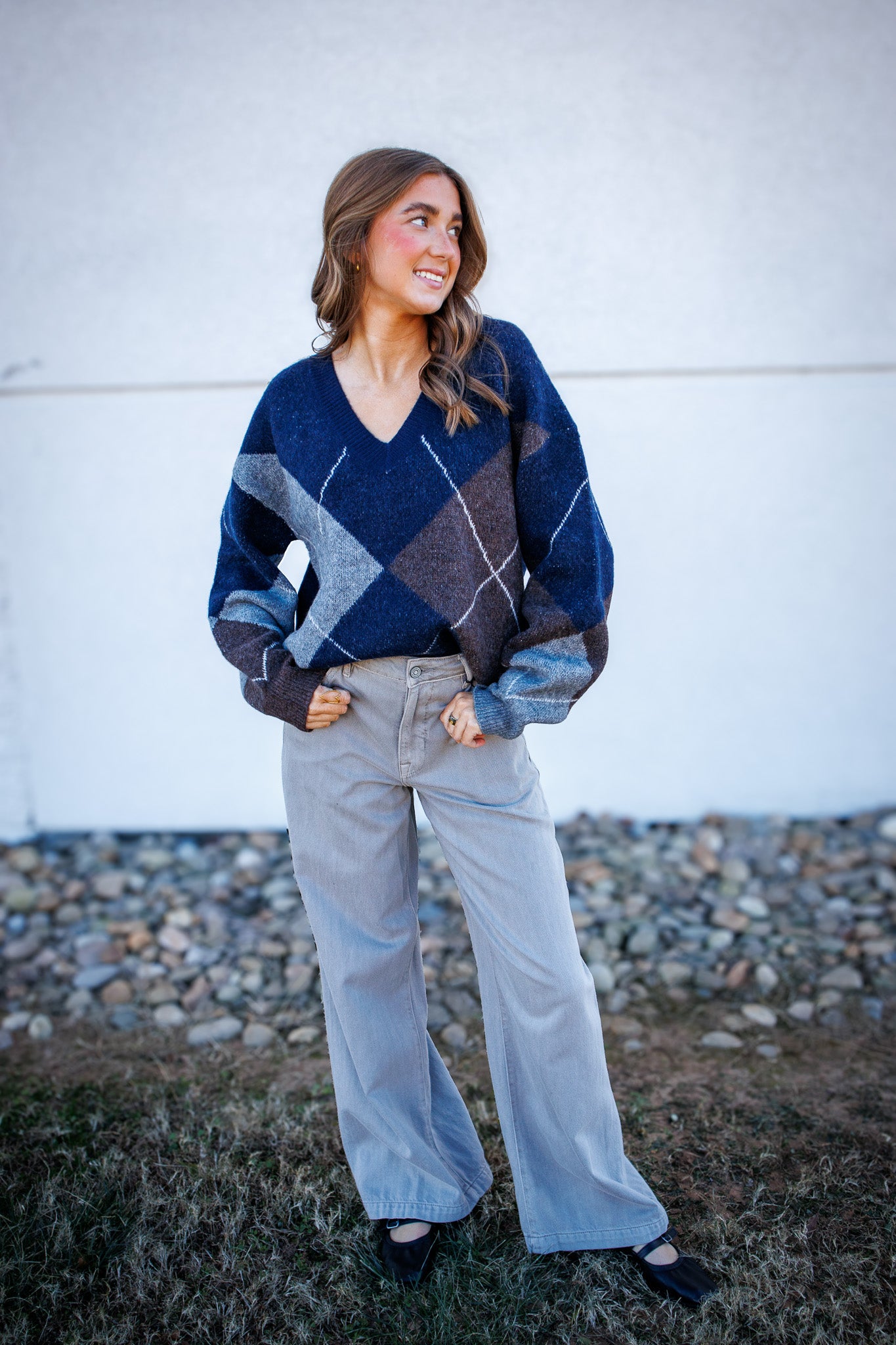 Oxford Argyle V Neck Sweater - NAVY/BROWN