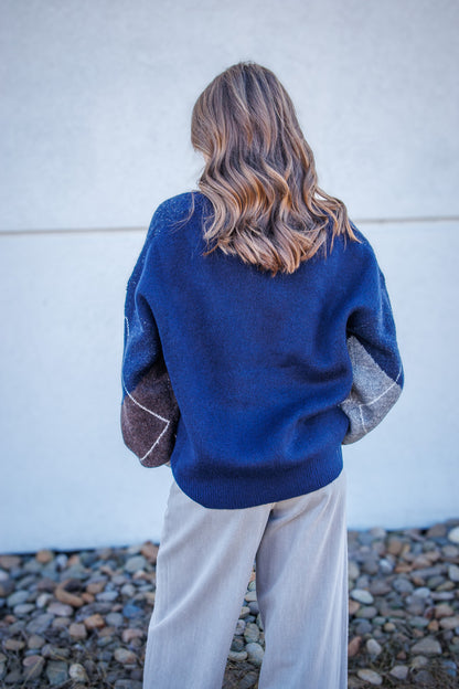 Oxford Argyle V-Neck Knit Sweater - Navy & Brown