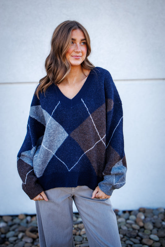 Oxford Argyle V-Neck Knit Sweater - Navy & Brown