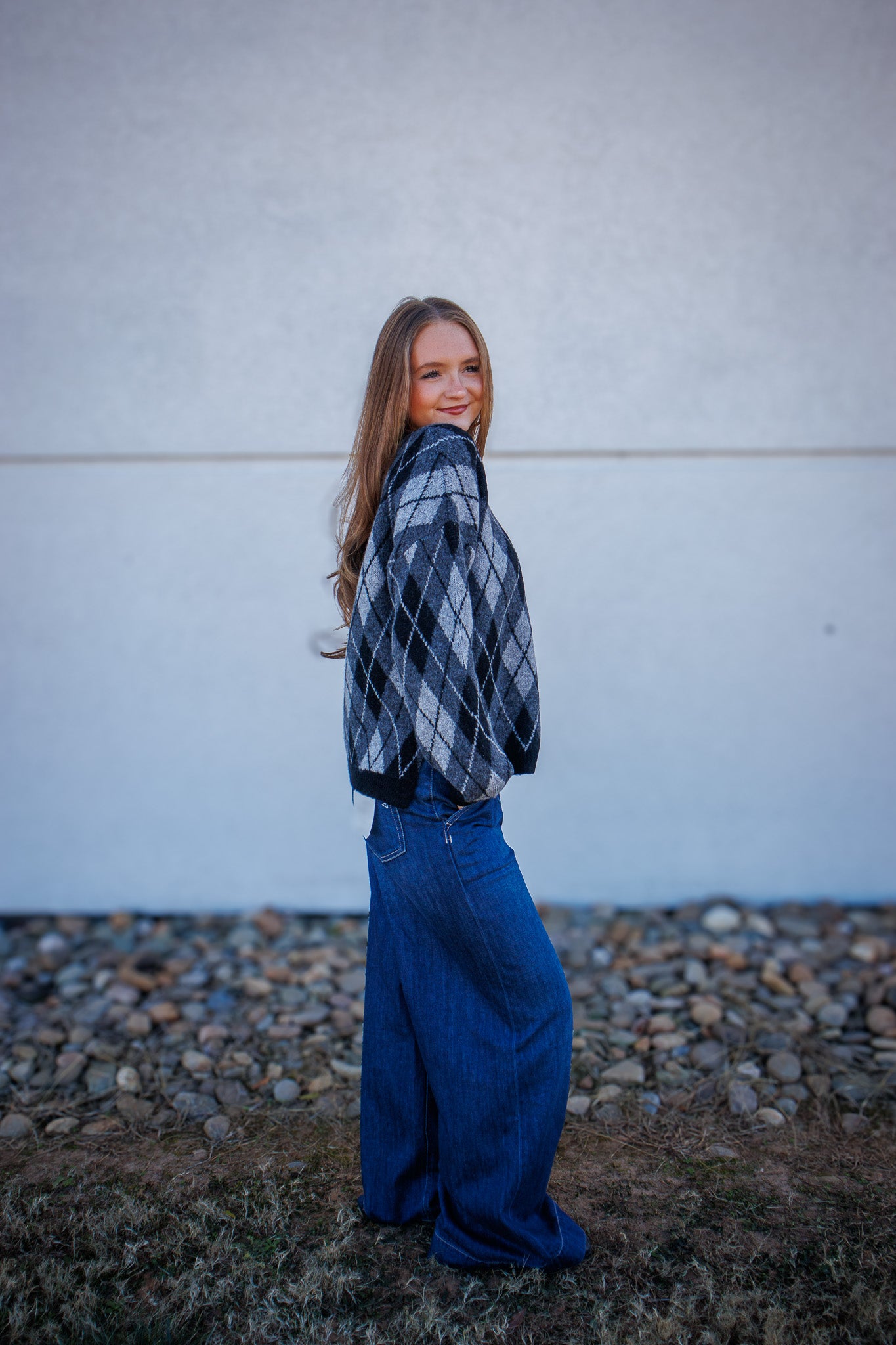 Argyle Crewneck Sweater - BLACK/GRAY