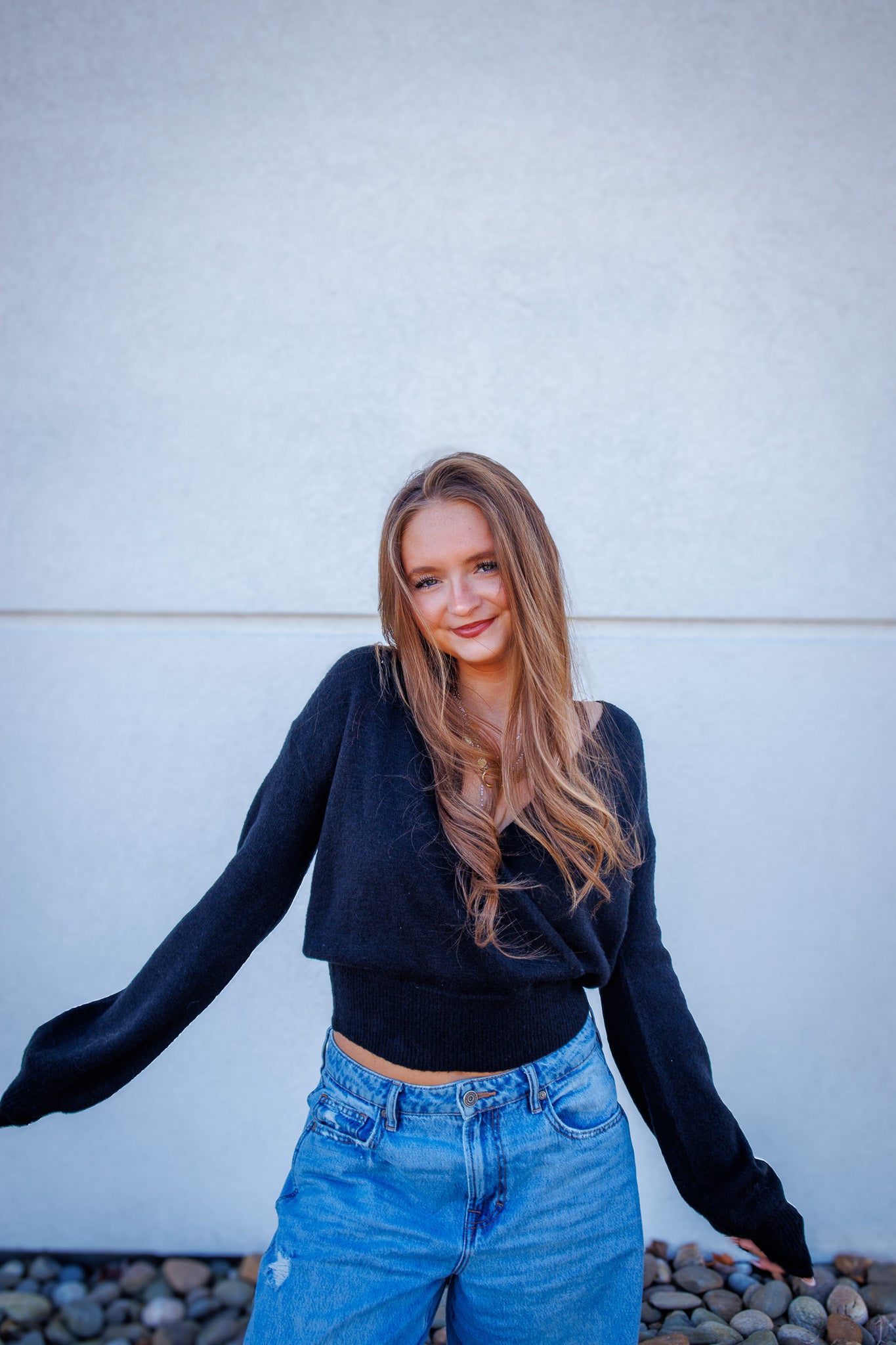 Cross Front Banded V-Neck Sweater - BLACK