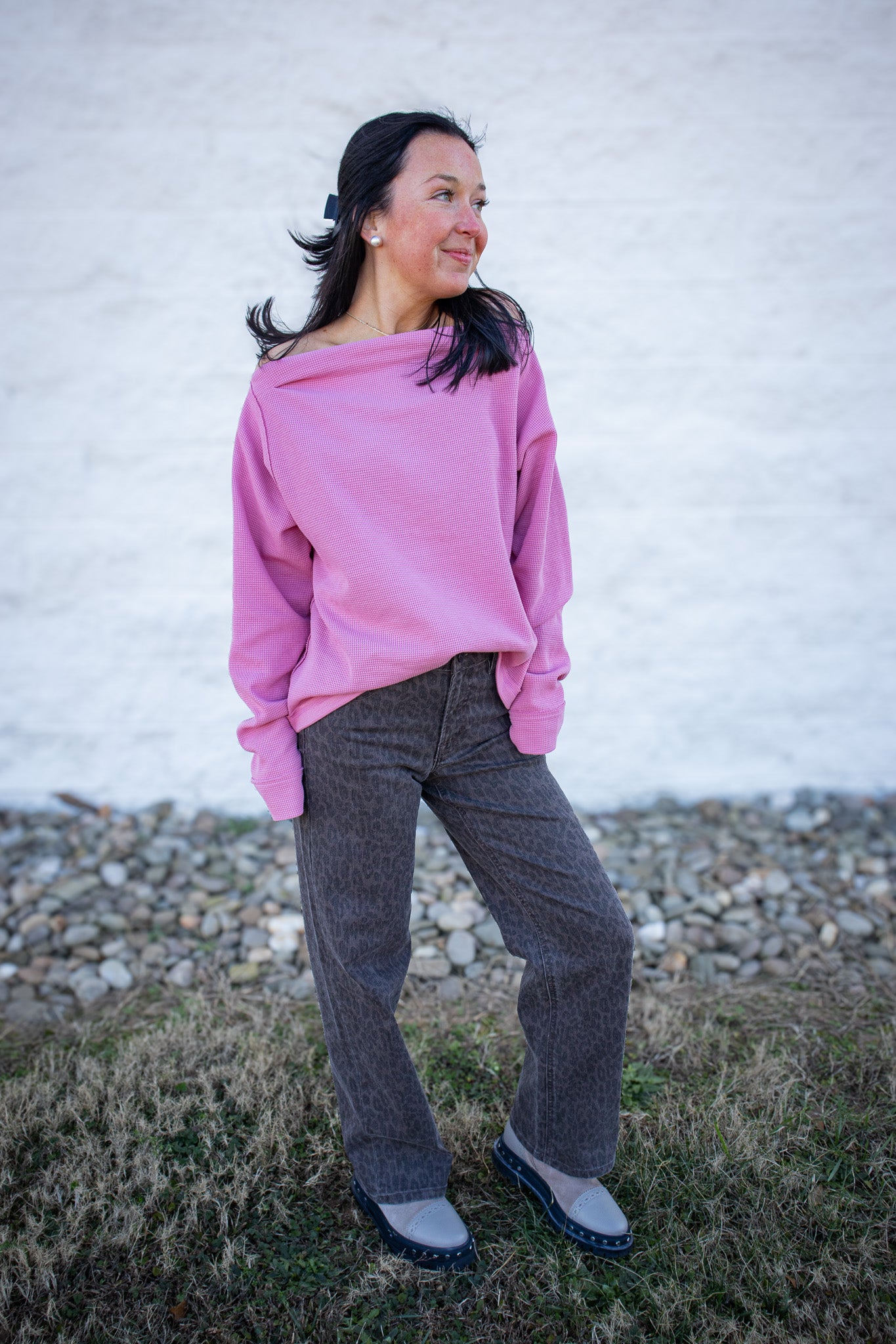 Rose Boat Neck Long Sleeve Top - PINK