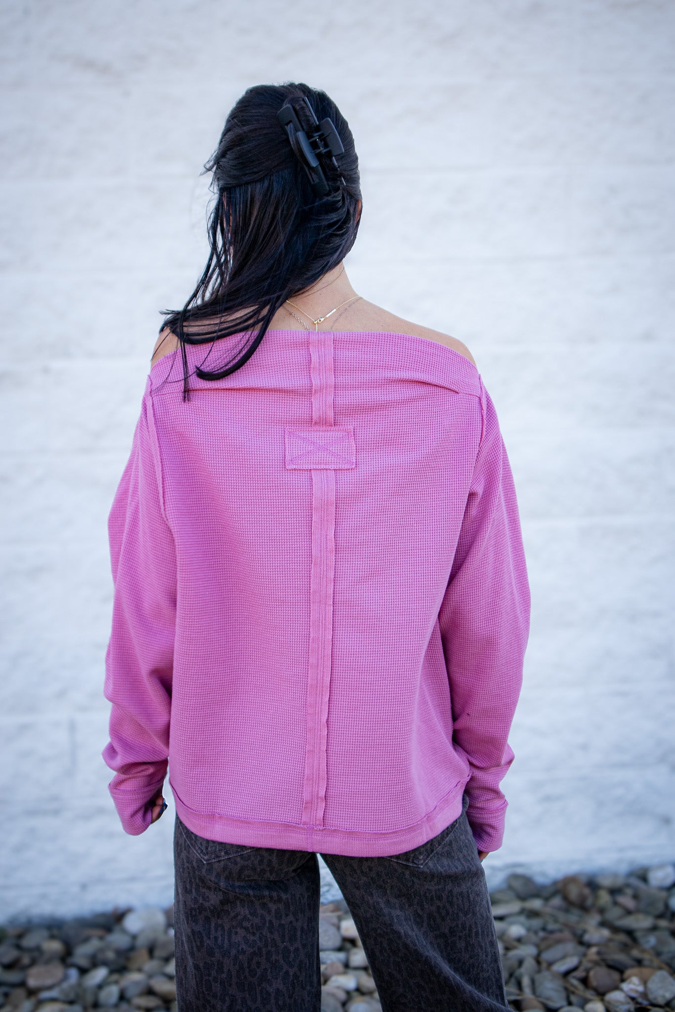 Rose Boat Neck Long Sleeve Top - PINK