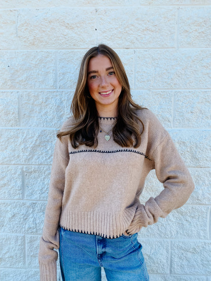 In The Details Contrast Stitch Sweater – Tan & Black