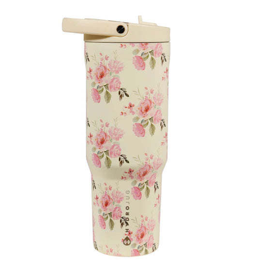 HydroJug floral insulated tumbler with straw lid, pink rose print reusable water bottle cup, aesthetic cream drinkware for women