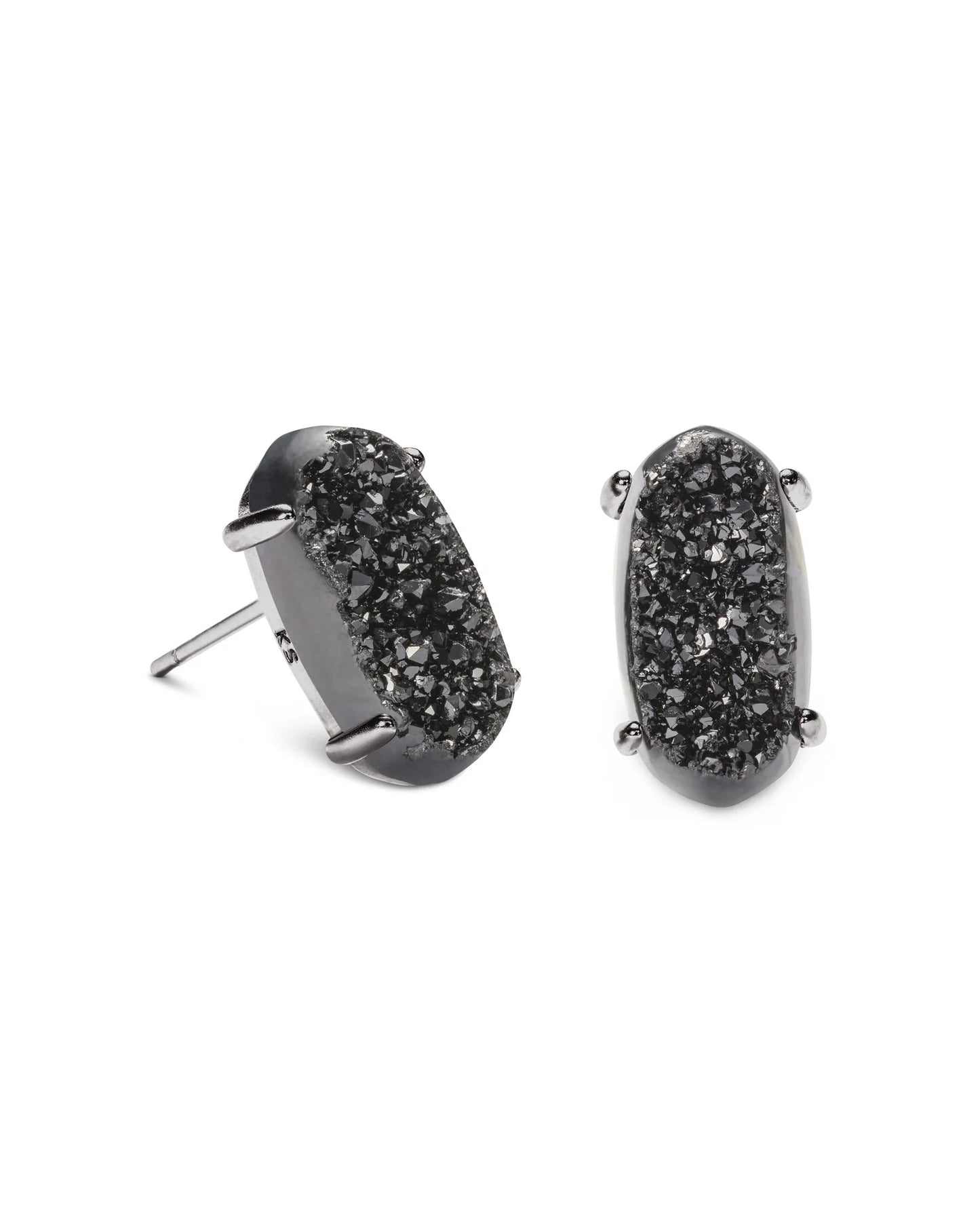 Kendra Scott Betty Gunmetal Stud Earrings featuring elongated black drusy stones in polished gunmetal prong settings.