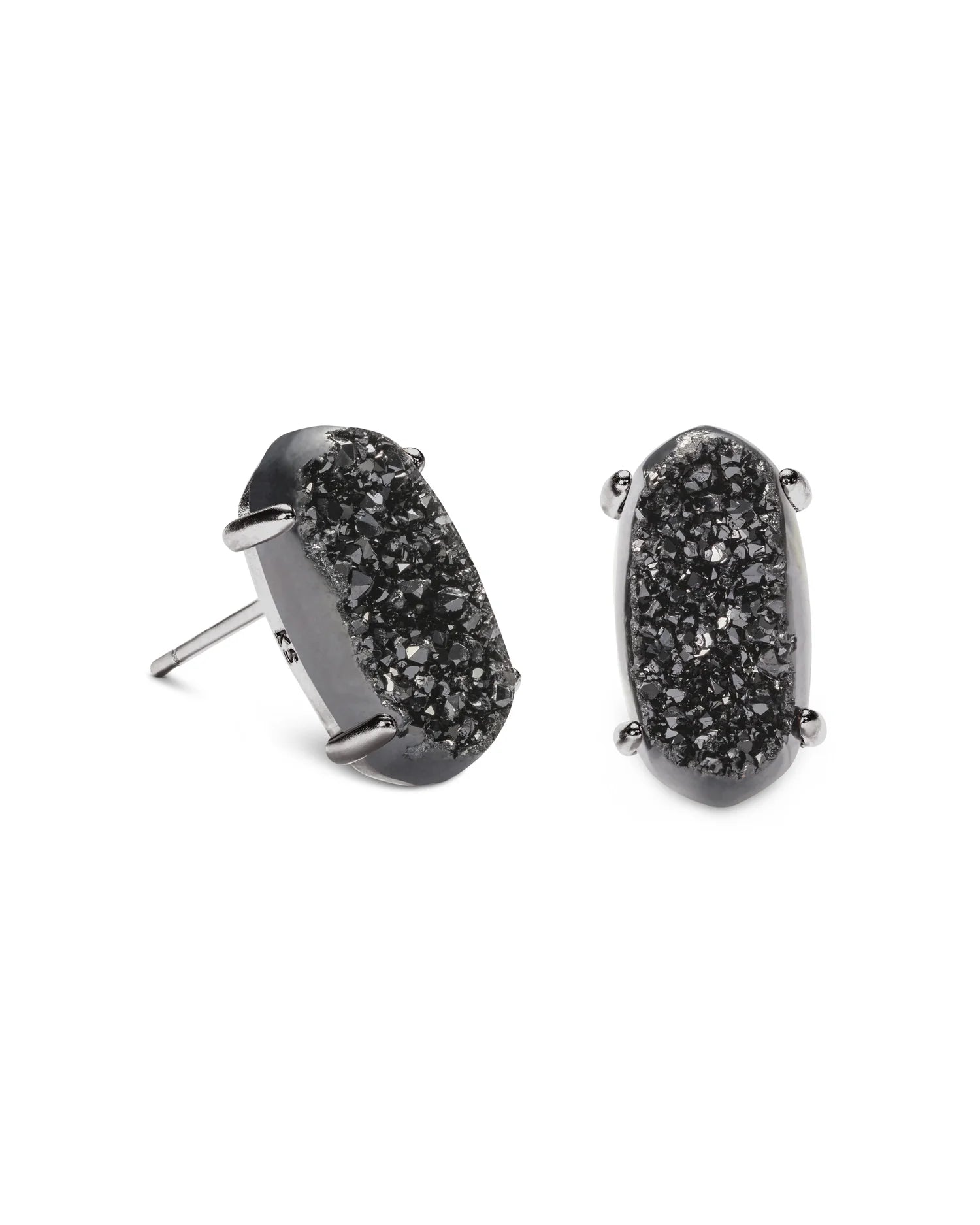 Kendra Scott Betty Gunmetal Stud Earrings featuring elongated black drusy stones in polished gunmetal prong settings.