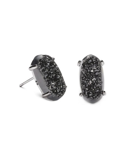 Kendra Scott Betty Gunmetal Stud Earrings featuring elongated black drusy stones in polished gunmetal prong settings.