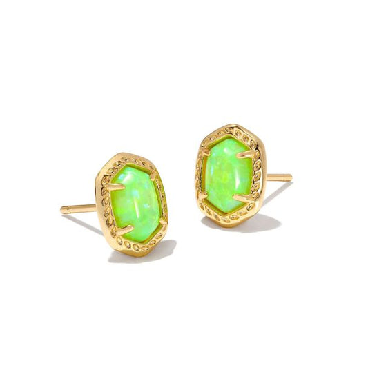 A pair of gold stud earrings featuring vibrant green opal gemstones in a decorative bezel setting, shown on a clean white background.