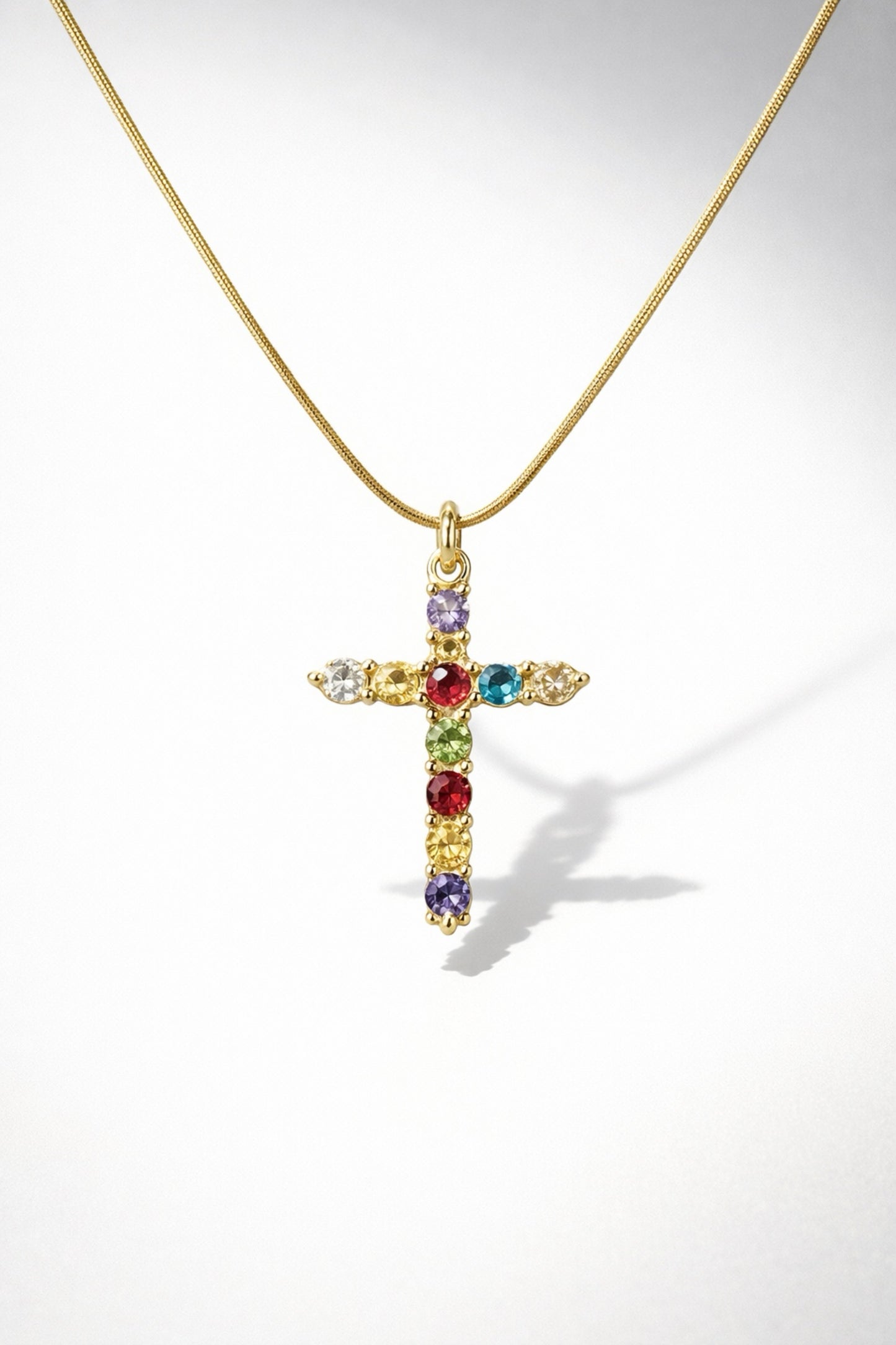 Light Of The World multicolor cross necklace with gold chain and colorful gemstone cross pendant