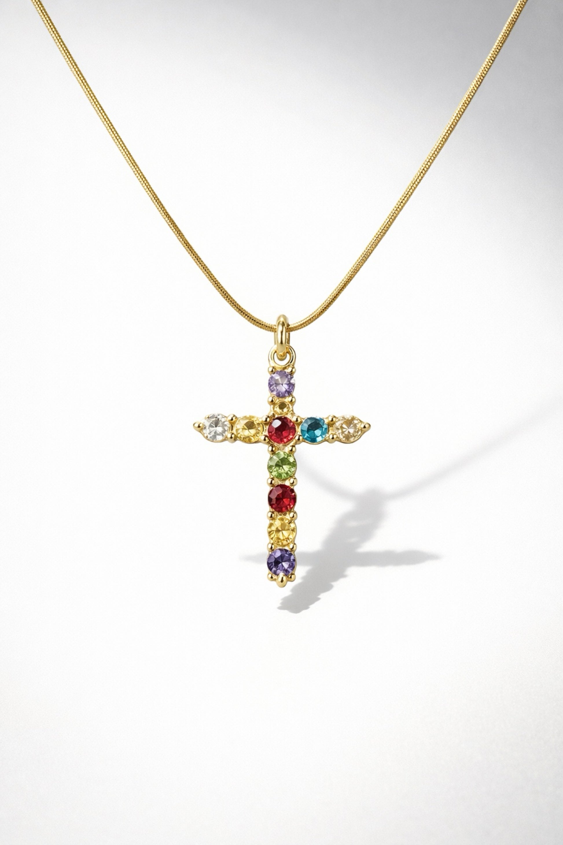 Light Of The World multicolor cross necklace with gold chain and colorful gemstone cross pendant