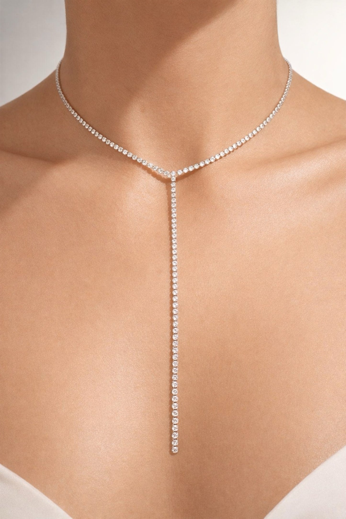 Light the Path lariat tennis necklace with crystal chain and drop pendant, elegant diamond-like design